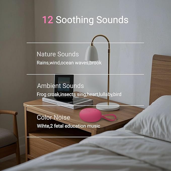 Portable Baby Sound Machine [White Noise for Babies Kids Adults][Timer Function][12 Soothing Sounds] 15 Hours Battery Life, Travel,Registry Gift,Shower,Clips on Baby Stroller.Rose