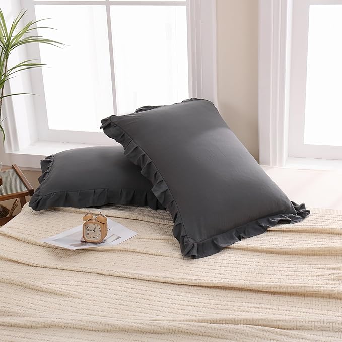 Merryword Dark Gray Pillow Shams Reversible Pillowcases Cute Pillow Cover Set of 2 Soft Shabby Chic Ruffled Pillowcases 2 Pack (Queen (20''x30''), Dark Gray)