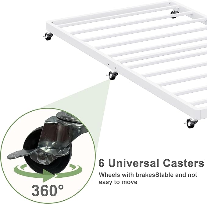 Lutown-Teen Twin Trundle Bed Frame with Metal Slats, Roll-Out Design, Easy Assembly Steel Frame with Lockable Wheels, Noiseless Pull Out Bed for Bedroom, Living Room or Guest Room, White