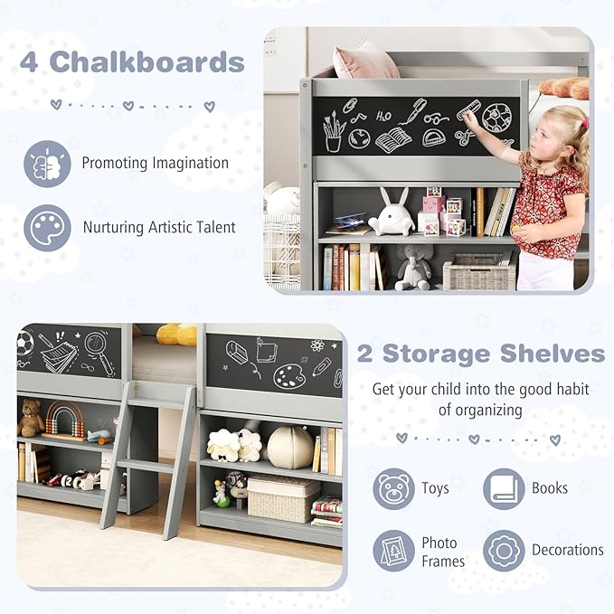 Giantex Low Loft Bed Twin Size, Wooden Loft Bed with Ladder & Blackboard, Twin Bed Frames for Kids with Storage 2 Bookcases and Play Space, Grey