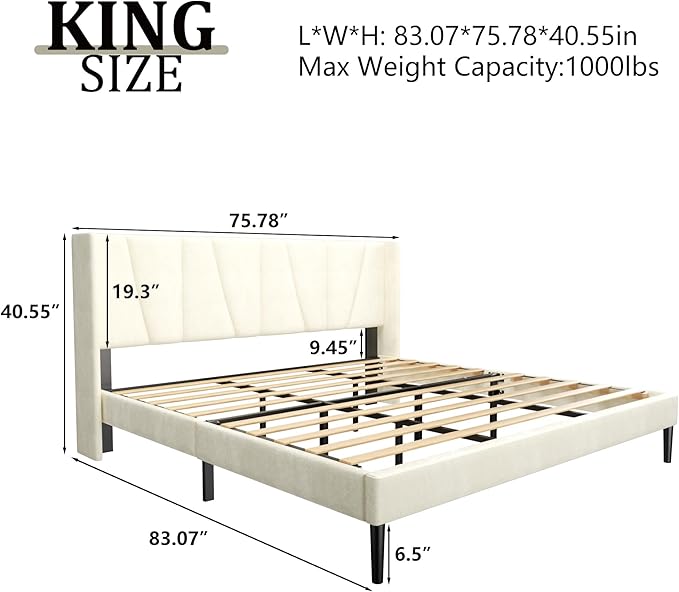 HAOARA King Bed Frame with Headboard, Velvet Upholstered Platform Bed Frames with Wingboard, Contemporary Mattress Foundation, Noise Free, No Box Spring Needed, Easy Assembly, Beige