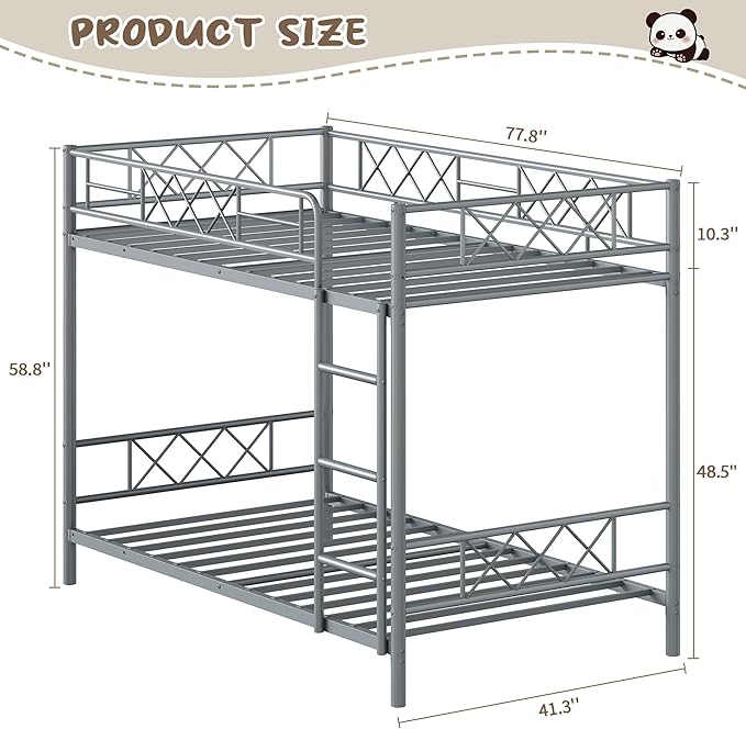 Garvee Bunk Bed Twin Over Twin with Extra High Guardrail, Heavy Duty Metal Frame & Sturdy Slats, No Box Spring Needed, Space Saver, Gray