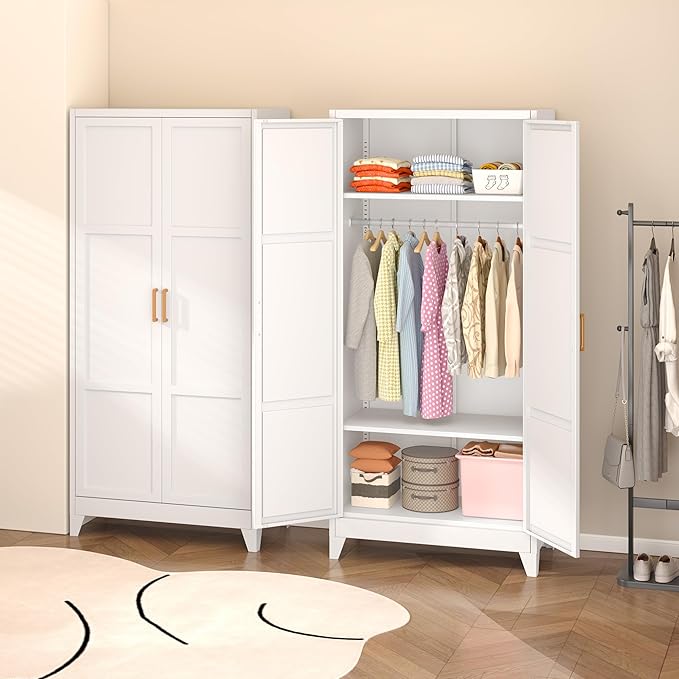 INTERGREAT Metal Wardrobe Closet with 2 Doors, 71” Tall Armoire Wardrobe Closet with Hanging Rod and Adjustable Shelves, Closet for Home Living/Laundry Room(White)