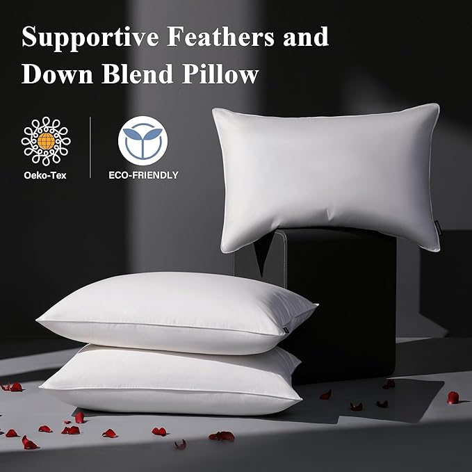DOWNSTORIA Goose Feather Down Pillow Queen Size Set of 2, Firm Hotel Collection Bed Pillows for Sleeping, 2 Pack, Down Surrounded Pillows for Side Sleepers 20 x 30 in.