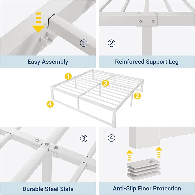 Allewie King Size Bed Frame, 14 Inch Metal Platform Bed Frame with 4000LBS Heavy Duty Steel Slats Support, Noise Free, Easy Assembly, No Box Spring Needed, White