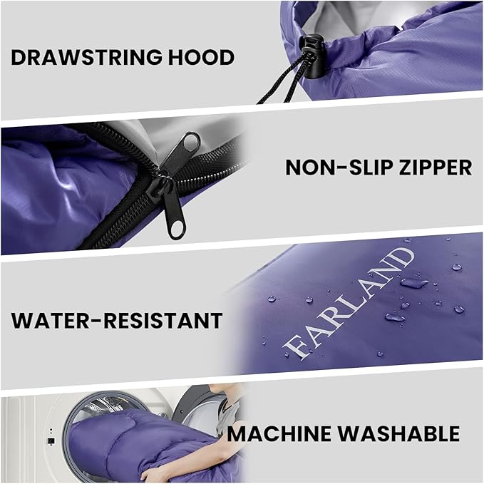 FARLAND Sleeping Bags for Adults, 3 Season Warm & Cool Weather, Lightweight Camping Sleeping Bag for Kids Family Camping Essentials with Compression Sack for Hiking