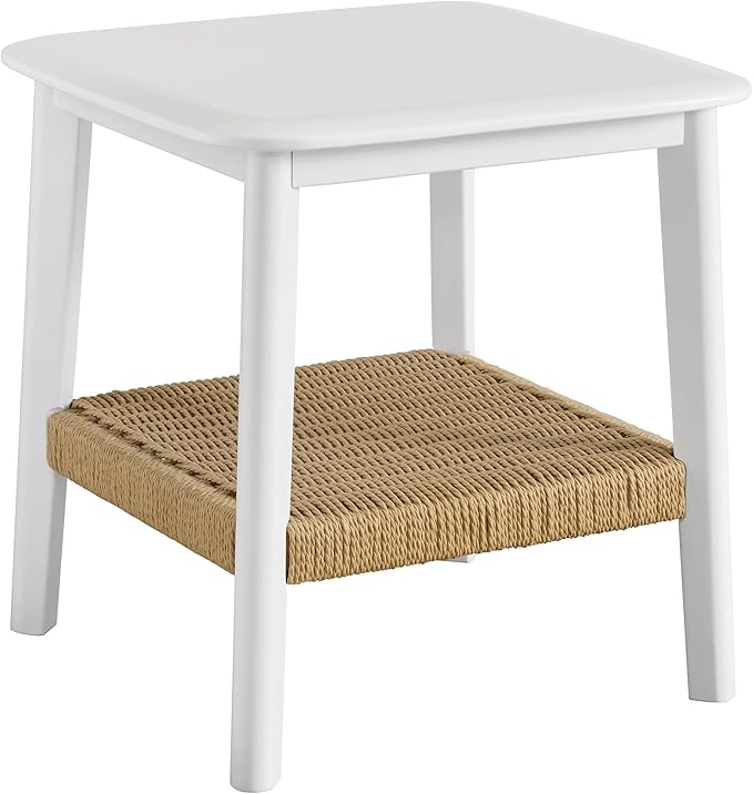 Alaterre Furniture Calais 2-Tier Small End Table with Woven Storage Shelf – Mid Century Modern Wooden Nightstand or Side Table for Small Spaces, Living Room & Bedroom (White)