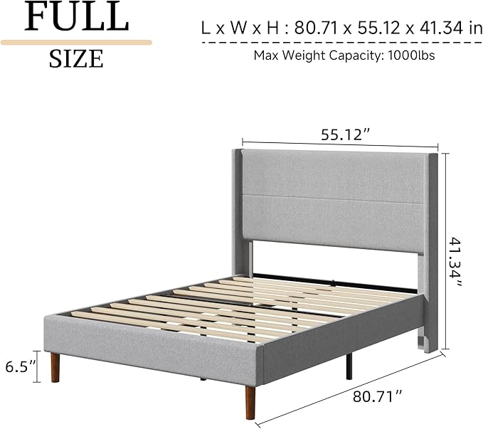 Full Size Bed Frame, Linen Upholstered Platform with Wingback Headboard, Wooden Slats Support, No Box Spring Needed, Easy Assembly, Lightgrey