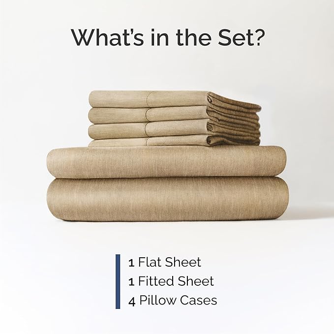 Queen 6 Piece Sheet Set - Comfy, Breathable & Cooling - Soft Hotel Luxury Bedding for Women, Men, Kids, Teens and Children - 1 Flat & 1 Fitted Sheet & 4 Pillowcases with Deep Pockets - Heathered Tan