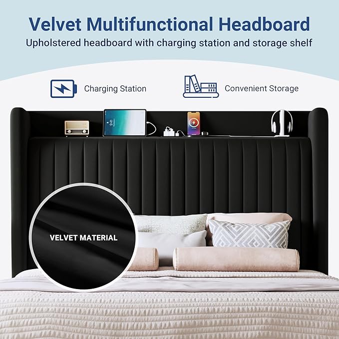 Allewie Full Size Platform Bed Frame with USB Charging Station and Storage Shelf/Upholstered Velvet Wingback Headboard/Wooden Slats Support/No Box Spring Needed/Easy Assembly, Black
