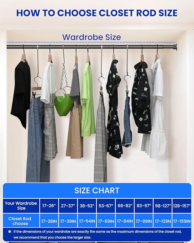 Supforce Closet Rods for Hanging Clothes, 17 to 129 Inches Stepless Adjustable Metal Closet Rod, 1.3 Inches Heavy Duty Clothes Hanging Rod for Closet Wardrobes Laundry RV, Black