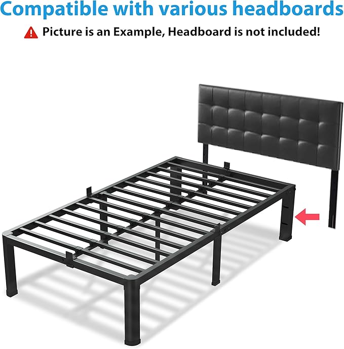 VIPSHOW 18 Inch Twin Size Bed Frame, 3500Lbs Heavy Duty Metal Platform with Round Corner Legs Mattress Slide Stopper, Steel Slat Support No Box Spring Needed, Noise Free, Non-Slip, Easy Assembly