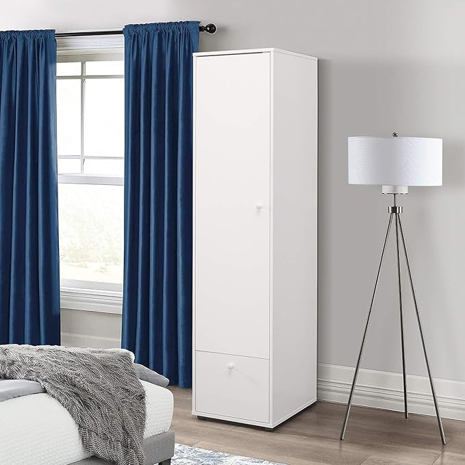 Kings Brand Furniture Corry Tall Storage Wardrobe Armoire with Shelves and Drawer, Narrow Freestanding Cabinet with Adjustable Shelves for Living Room, Bedroom, or Home Office