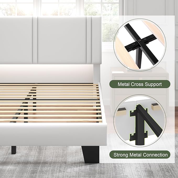 Feonase Queen Platform Bed Frame, Velvet Upholstered Queen Bed Frame, Solid Wood Slats & Heavy Duty Feet Support, No Box Spring Needed, Noise-Free, Easy Assembly, White