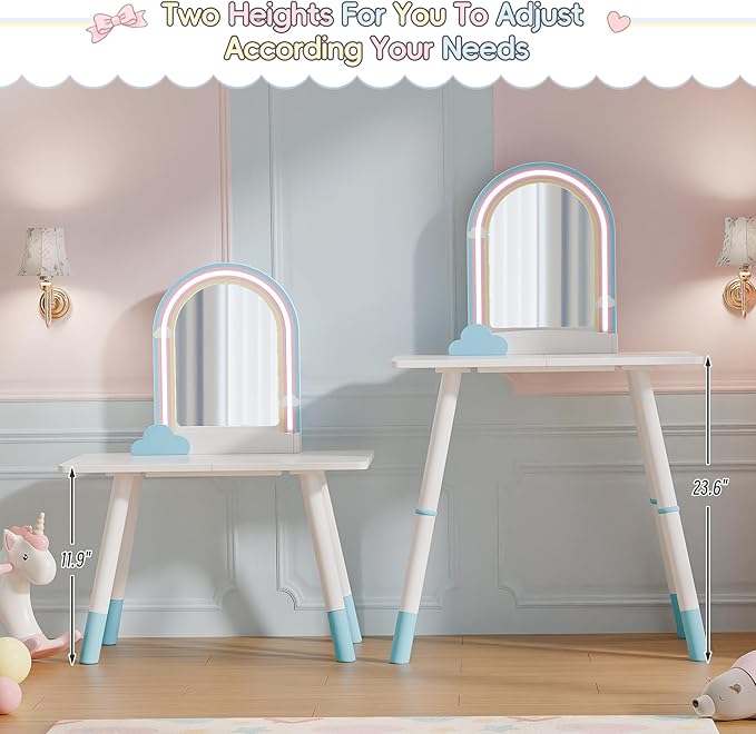 TOLEAD Blue Kids Vanity Table and Chair Set, Adjustable Height Kids Vanity with LED Lights, Princess Girls Vanity Set with Stool, Toddler Make Up Vanity Desk with Storage Space for Little Girls