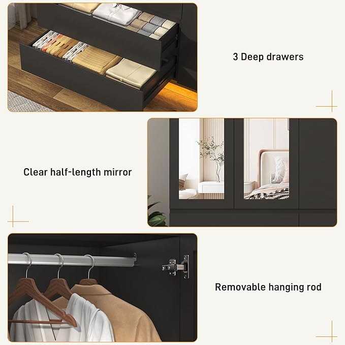 3 Doors Armoire Wooden Wardrobe Closet with 3 Drawers & 2 Mirror, 75"H Clothing Storage Cabinet with Hanging Rod,Modern Bedroom Large Freestanding Armoires with Led Lights for Bedroom,Black