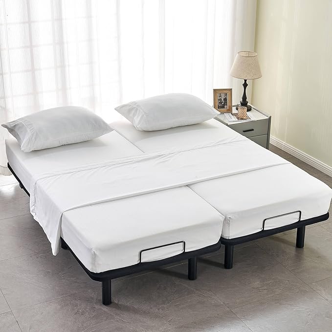 Kingnex Striped Split California King Sheets Sets for Adjustable Bed with Deep Pocket 5 Pieces Include 2 Cali Twin XL Fitted Sheets 1 Flat Sheet 2 King Size Pillowcases White