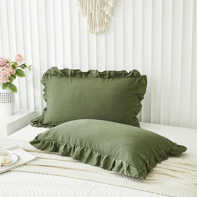 Olive Green Pillow Shams Dark Green Ruffle Queen Pillowcases Cute Pillow Cover Set of 2 Shabby Chic Soft Microfiber Pillowcases 2 Pack (Queen (20''x30''), Olive Green)