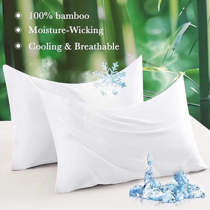 Curved Pillow Case Queen Size, Side Sleeper Pillow Cases Cover Cooling Rayon Derived from Bamboo with Zipper for hot Sleepers Hair and Skin, Breathable Silky Soft Pillowcase 1 Pack 20 * 30 Inches