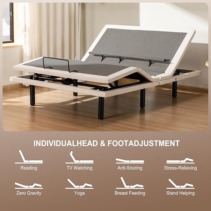 Froman Full Adjustable Bed Frame, Adjustable Bed Base with Massage, Wireless Remote, Lumber Support, Zero Gravity, Head & Foot Incline, Head Top Pillow Tilt, USB Ports, Nightlight, Anti-Snore