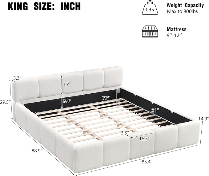 Merax King Size Boucle Platform Bed with Thick Headboard and Footboard, Block Style Upholstery Floor Bed Frame, White
