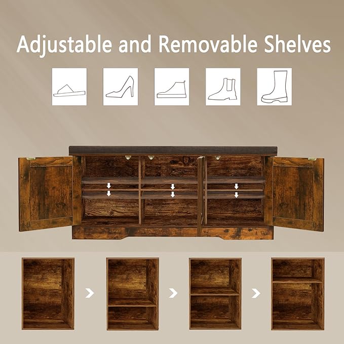 DINZI LVJ Shoe Bench, Entryway Storage Bench with Doors, Cushion, 2-Tier Shoe Rack with 6-Cubby, 39.4”L x 13.8”W Shoe Organizer Cabinet, Adjustable Shelf, Living Room, Bedroom, Rustic Brown