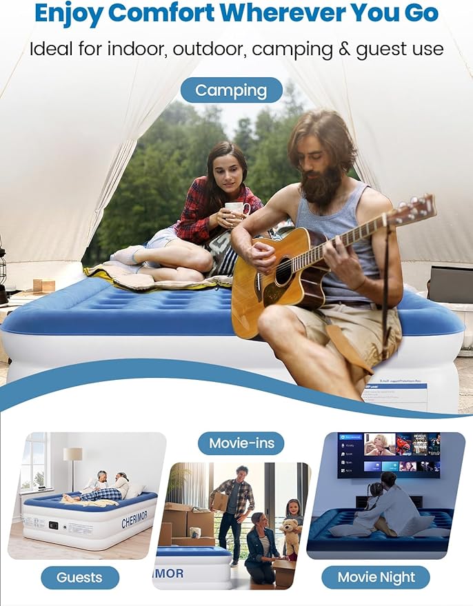 CHERIMOR Queen Air Mattress with Built-in Pump, 18" Raised Comfort, 48Hr Leak-Proof Test, Upgraded Honeycomb Pillar Design, Supports 800 lbs, 3-Min Inflation-Inflatable Bed for Home Guests-Blue