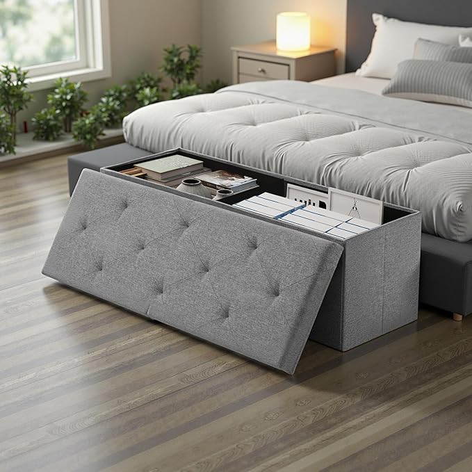 DUMOS 43 Inch Folding Storage Ottoman Bench, Large Hidden Storage Chest withThicker Foam Padded Seat, End of Bed Foot Rest Stool for Bedroom Living Room Entryway, Load 660 lbs, Grey
