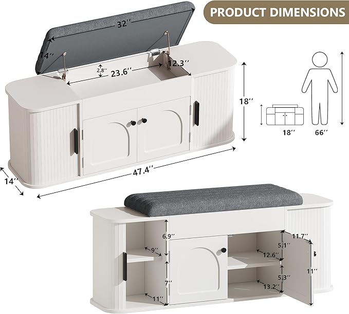 Einhomn 47.2'' Sliding Door Entryway Shoe Storage Bench with Seat Cushion, Shoe Rack with Lift-Top Hidden Storage & Adjustable Shelf, Bench for Bedroom End of Bed, White