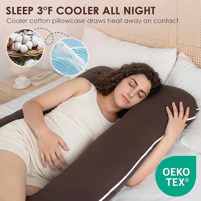 QUEEN ROSE U Shaped Pregnancy Pillow, Breathable Cotton Full Body Support for Maternity, Coffee