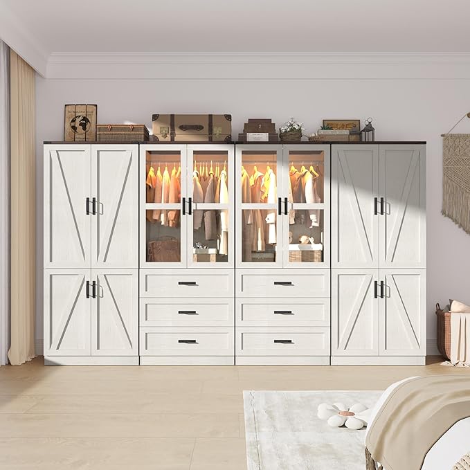 75" Tall Farmhouse 8 Doors Armoire Wardrobe Closet with 6 Drawers and LED,Freestanding Closet Wardrobe Cabinet for Bedroom with Hanging Rod,Wooden Armoire Storage Cabinet(Rustic Off White 8 Doors)