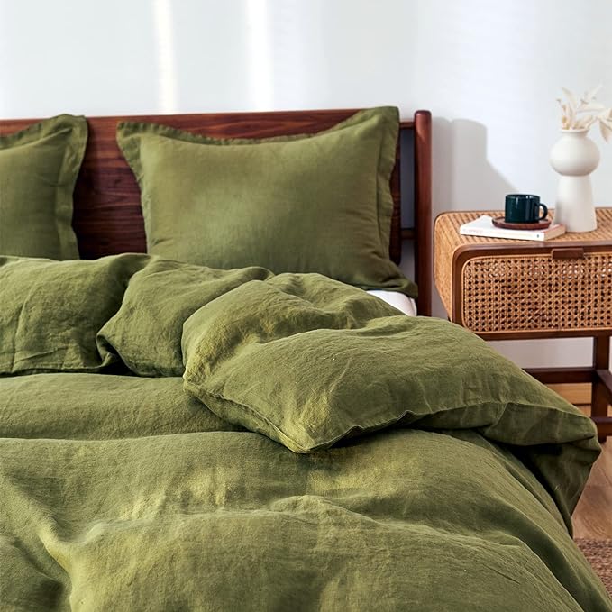 Simple&Opulence 100% Linen Duvet Cover Set 2pcs Basic Style Natural French Washed Flax Solid Color Soft Breathable Farmhouse Bedding with Button Closure - Olive Green, Twin