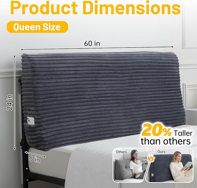 ENITYA Headboard Pillow Queen,60"x24"x8" Large Bed Wedge Backrest Cushion with Ergonomic Soft Foam Support and Removable Cover,Ideal for Reading/Sitting/Working in Daybed,RV Camping,Dorm,Grey