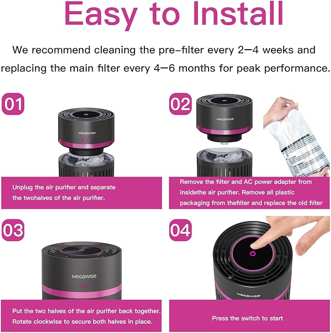 MEGAWISE Portable Air Purifier, H13 True HEPA 3-in-1 Filter, 99.97% 0.3 Micron Filtration, Dust Smoke Pet Dander, Ozone Free, Ultra-Quiet 24dB, Small Tabletop Air Cleaner for Bedroom Home Office
