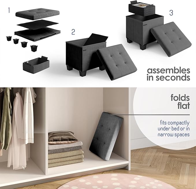 Storage Ottoman Cube with Small Bin, 15-in Square Ottoman with Storage for Living Room and Bedroom, Small Ottomans Foot Rest, Velvet Foot Stools Ottomans Max 330lbs, Grey