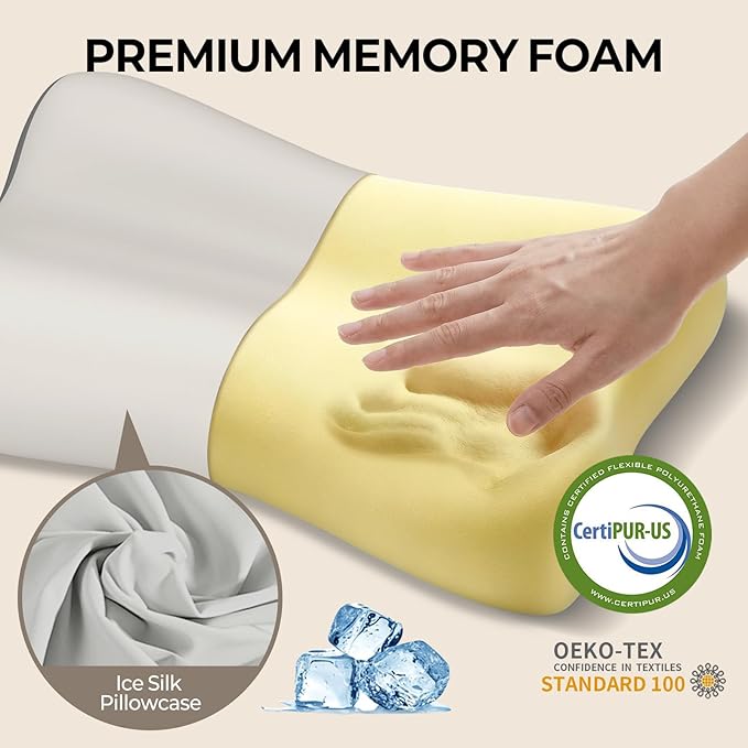 Polovo Cervical Neck Pillow for Pain Relief - Ergonomic Side Sleeper Pillow for Deep Sleep, Contour Memory Foam Pillows for Sleeping Bed Pillow for Side Back Stomach Sleepers with Cooling Pillowcase