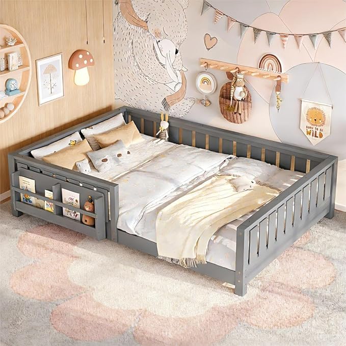 Bellemave Queen Floor Bed Frame with Fence & Bookshelf, Solid Pinewood Montessori Floor Bed Frame Queen with Slats Load 550LBS, Low Floor Bed for Kids, Bedroom, Nursery, Easy Assembly, Grey