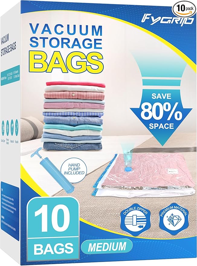 Fygrip Vacuum Storage Bags with Hand Pump, Plastic Packaging Bags, 80% Space Saver Vacuum Seal Bags for Clothing, Travel Lugggage, Blankets, Comforters, 10 Medium