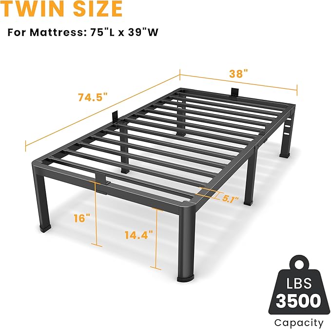 Superay 16 Inch Twin Size Metal Platform Bed Frame with Round Corners, Storage Space Under High Bed Frame-Heavy Duty Steel Slats Support, Noise Free - Easy Assembly - No Box Spring Needed