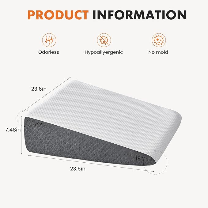 Sweetcrispy 7.5 Inch Wedge Pillow, Body Pillow for Sleep Apnea, Neck Pain Relief, Post Surgery, Sleeping Comfort, Snoring, White & Grey