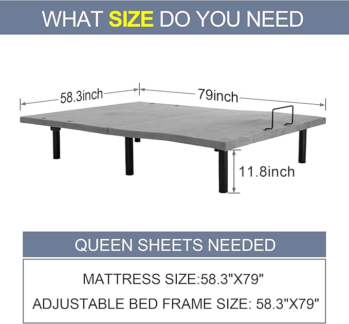 Fromann Adjustable Electric Queen Bed Base Frame with Massage, USB Type-C Ports, Zero Gravity, Under Bed Led Lighting and Three Leg Height (Grey)