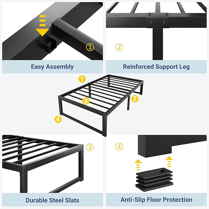 Allewie Twin Bed Frame, 14 Inch Metal Platform Bed Frame with 4000LBS Heavy Duty Steel Slats Support, Noise Free, Easy Assembly, No Box Spring Needed, Black
