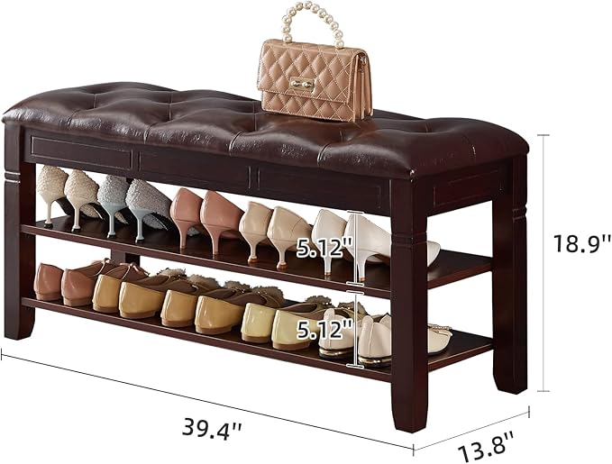 Shoe Storage Bench with Cushion, Entry Bench with Storage Solid Wood Shoe Bench Ideal for Entryway Living Room and Corridor (Brown 39.4'')