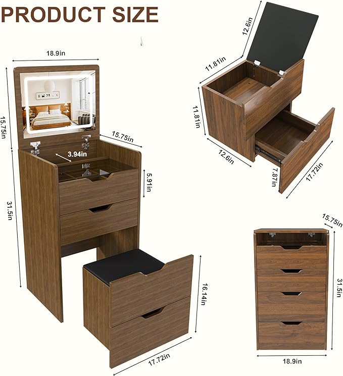 Casaphoria Vanity Desk with Mirror and Lights, 3-in-1 Flip Top Makeup Vanity Table with Stool and Storage, Compact Dressing Table for Small Space, Walnut Finish (18.9 Inch)