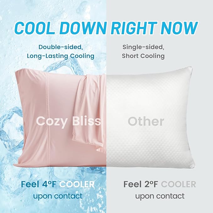 Cozy Bliss Cooling Pillow Cases for Hot Sleepers, Q-Max>0.45, Standard Size Set of 2, Soft & Silky Pillow Covers with Envelope Closure,Gift, Pink, 20x26 Inches