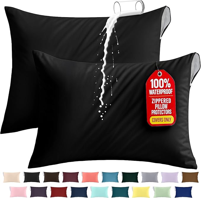 Utopia Bedding Premium 100% Waterproof Pillow Protectors with Zipper Queen Size (Set of 2), Bed Bug and Dust Mite Proof Zippered Pillow Covers, Pillow Encasement Cases, Black