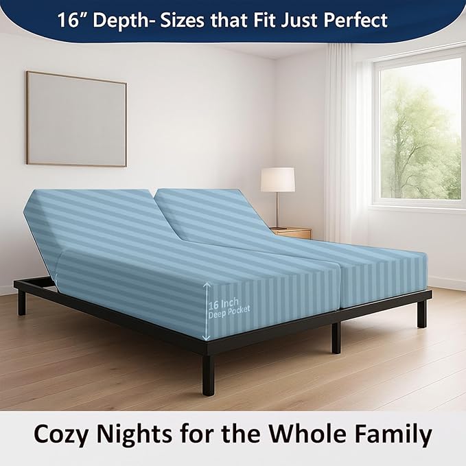 5 Piece Split Cal King Sheet Set, 100% Egyptian Cotton, 16 Inch Deep Pockets, Light Blue Stripe, Soft Cooling Sheets for Adjustable Beds, Sleep Number Beds, Split Cal King Mattress Sheet Set