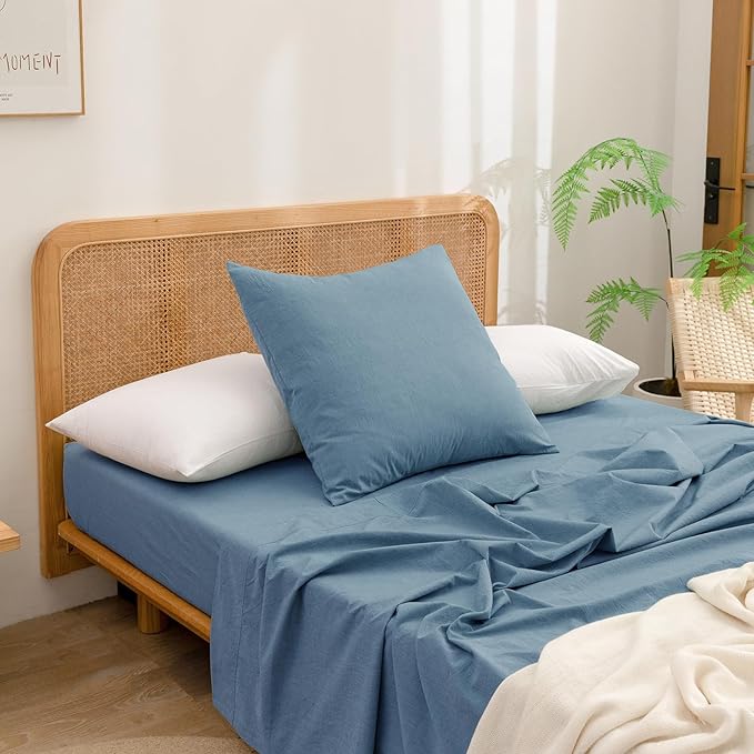 BESTOUCH 100% Washed Cotton Pillowcase for Hair and Skin Linen Feel Soft Comfortable Breathable 2 Set Pillow Case with Envelope Closure Solid Dark Blue Euro 26x26 Inches