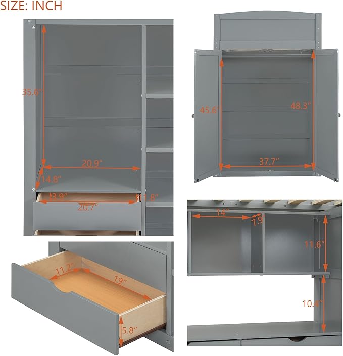 Multi-Functional Twin Size Loft Bed with Built-in Desk and Wardrobes, Solid Wood Loft Bed Frame with 4 Drawers and 4 Shelves for Kids Teens Boys Adults, Maximize Space (Gray-t)