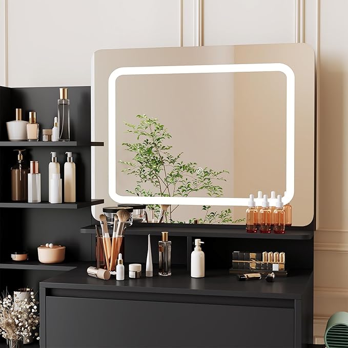 Vanity Desk with Mirror and Lights - 36" Vanity Table Set with 4 Drawers, Power Outlet, USB Ports, Stool, Dressing Table with 3 Lighting Color Adjustable for Bedroom, Women,